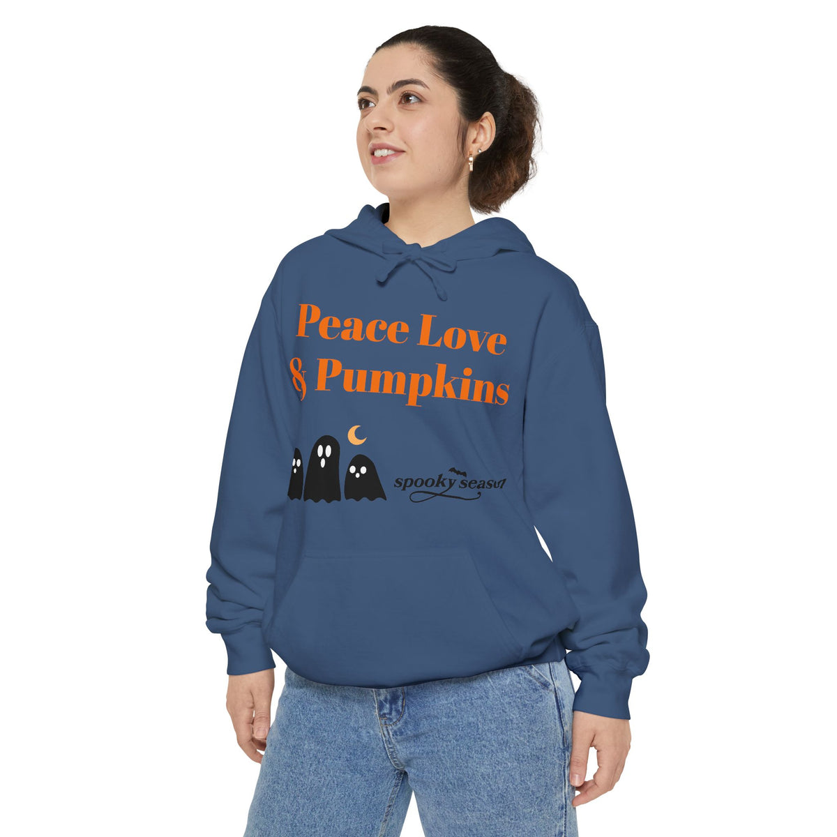 Halloween Hoodie — "Peace Love & Pumpkins" Ghosts Spooky Season Pullover