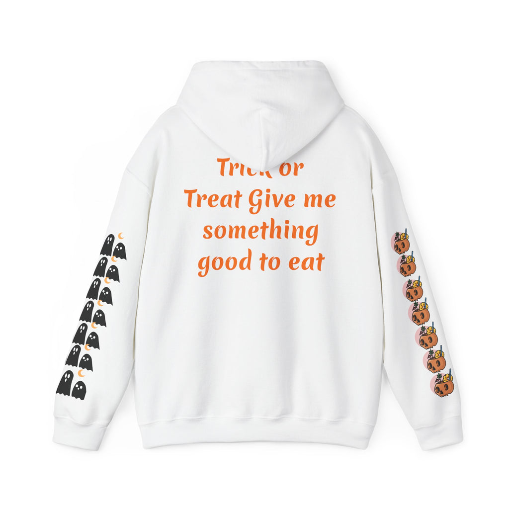 Halloween Hoodie — "Happy Halloween" & "Trick or Treat Give Me Something Good to Eat" Pumpkin & Ghost Sleeve Sweatshirt