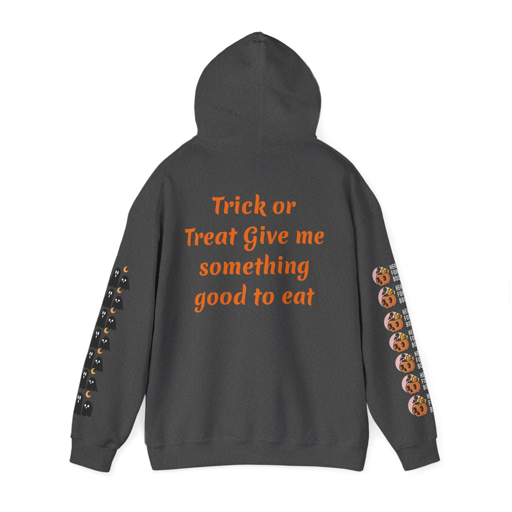 Halloween Hoodie — "Happy Halloween" & "Trick or Treat Give Me Something Good to Eat" Pumpkin & Ghost Sleeve Sweatshirt