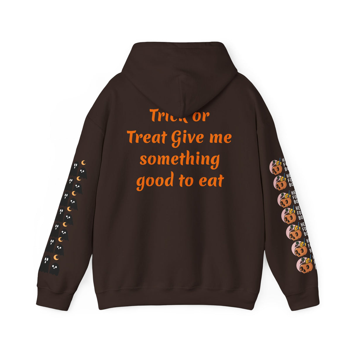 Halloween Hoodie — "Happy Halloween" & "Trick or Treat Give Me Something Good to Eat" Pumpkin & Ghost Sleeve Sweatshirt