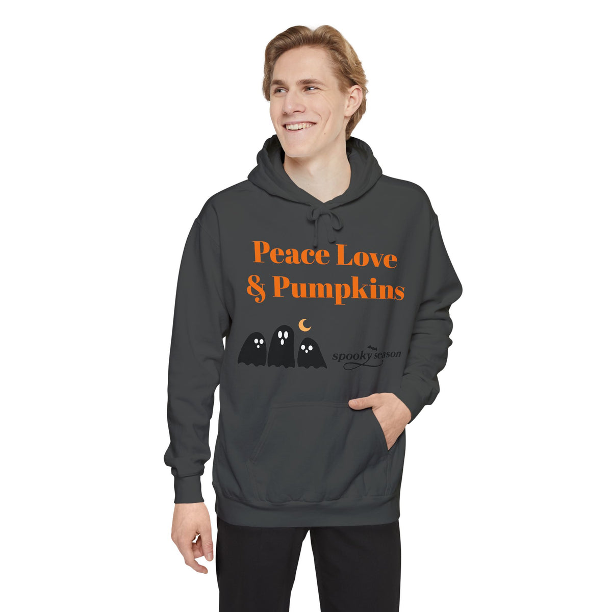 Halloween Hoodie — "Peace Love & Pumpkins" Ghosts Spooky Season Pullover