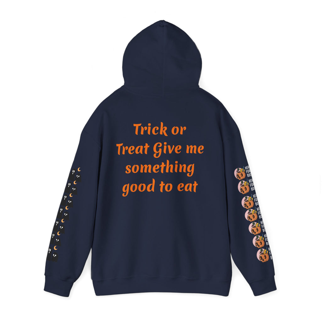 Halloween Hoodie — "Happy Halloween" & "Trick or Treat Give Me Something Good to Eat" Pumpkin & Ghost Sleeve Sweatshirt
