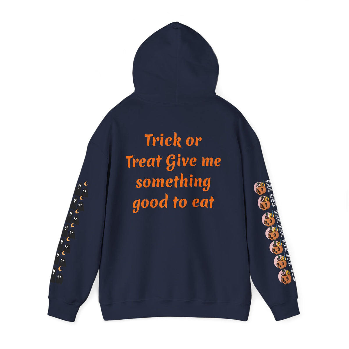 Halloween Hoodie — "Happy Halloween" & "Trick or Treat Give Me Something Good to Eat" Pumpkin & Ghost Sleeve Sweatshirt