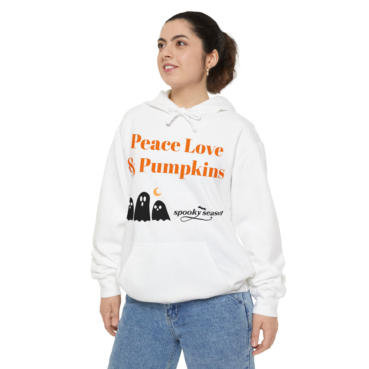 Halloween Hoodie — "Peace Love & Pumpkins" Ghosts Spooky Season Pullover
