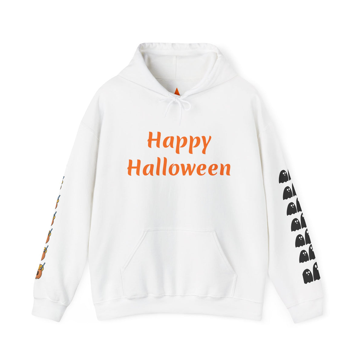 Halloween Hoodie — "Happy Halloween" & "Trick or Treat Give Me Something Good to Eat" Pumpkin & Ghost Sleeve Sweatshirt
