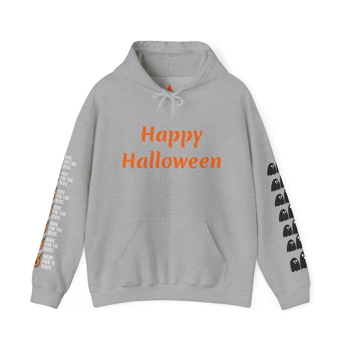 Halloween Hoodie — "Happy Halloween" & "Trick or Treat Give Me Something Good to Eat" Pumpkin & Ghost Sleeve Sweatshirt