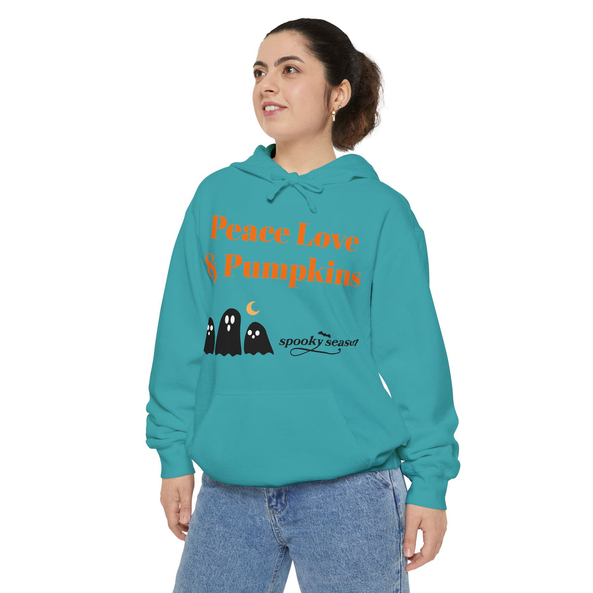 Halloween Hoodie — "Peace Love & Pumpkins" Ghosts Spooky Season Pullover