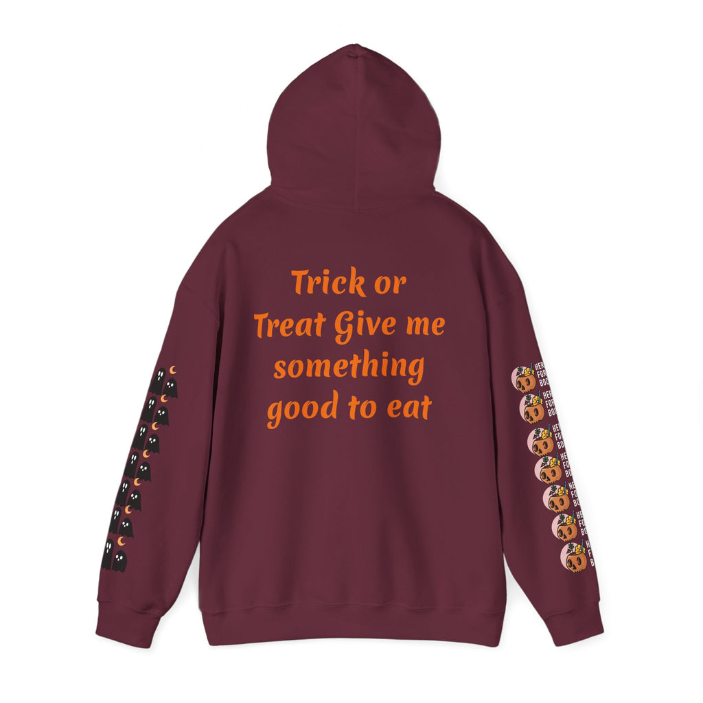 Halloween Hoodie — "Happy Halloween" & "Trick or Treat Give Me Something Good to Eat" Pumpkin & Ghost Sleeve Sweatshirt