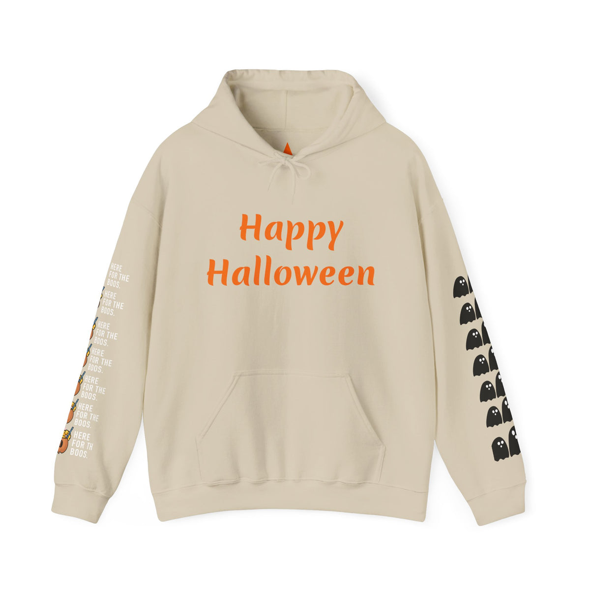 Halloween Hoodie — "Happy Halloween" & "Trick or Treat Give Me Something Good to Eat" Pumpkin & Ghost Sleeve Sweatshirt