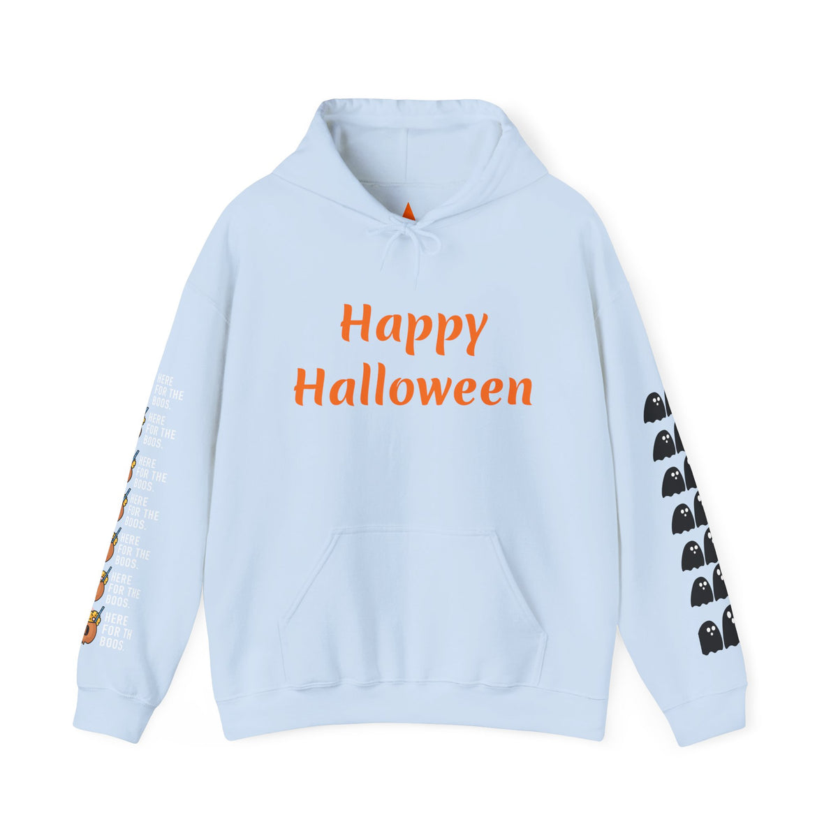 Halloween Hoodie — "Happy Halloween" & "Trick or Treat Give Me Something Good to Eat" Pumpkin & Ghost Sleeve Sweatshirt