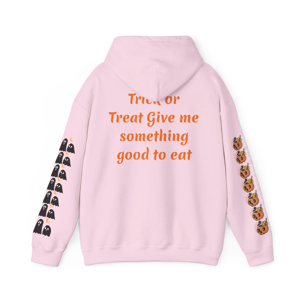 Halloween Hoodie — "Happy Halloween" & "Trick or Treat Give Me Something Good to Eat" Pumpkin & Ghost Sleeve Sweatshirt