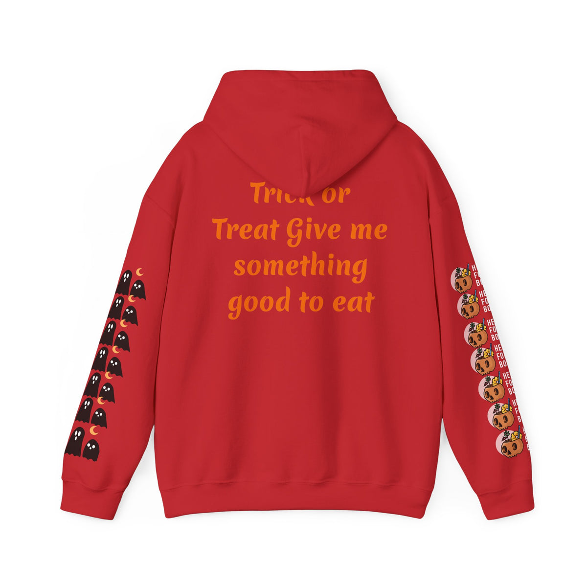 Halloween Hoodie — "Happy Halloween" & "Trick or Treat Give Me Something Good to Eat" Pumpkin & Ghost Sleeve Sweatshirt