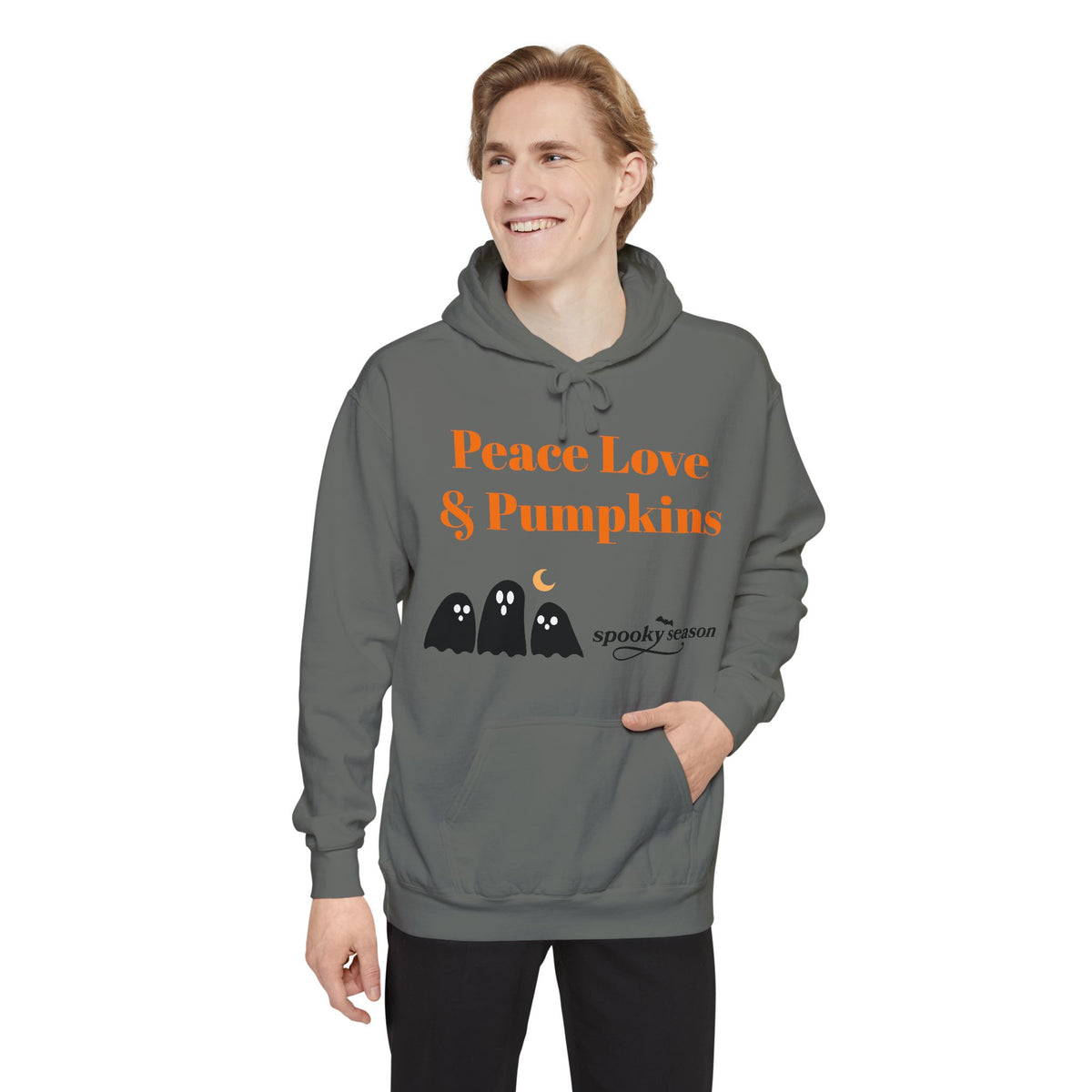 Halloween Hoodie — "Peace Love & Pumpkins" Ghosts Spooky Season Pullover