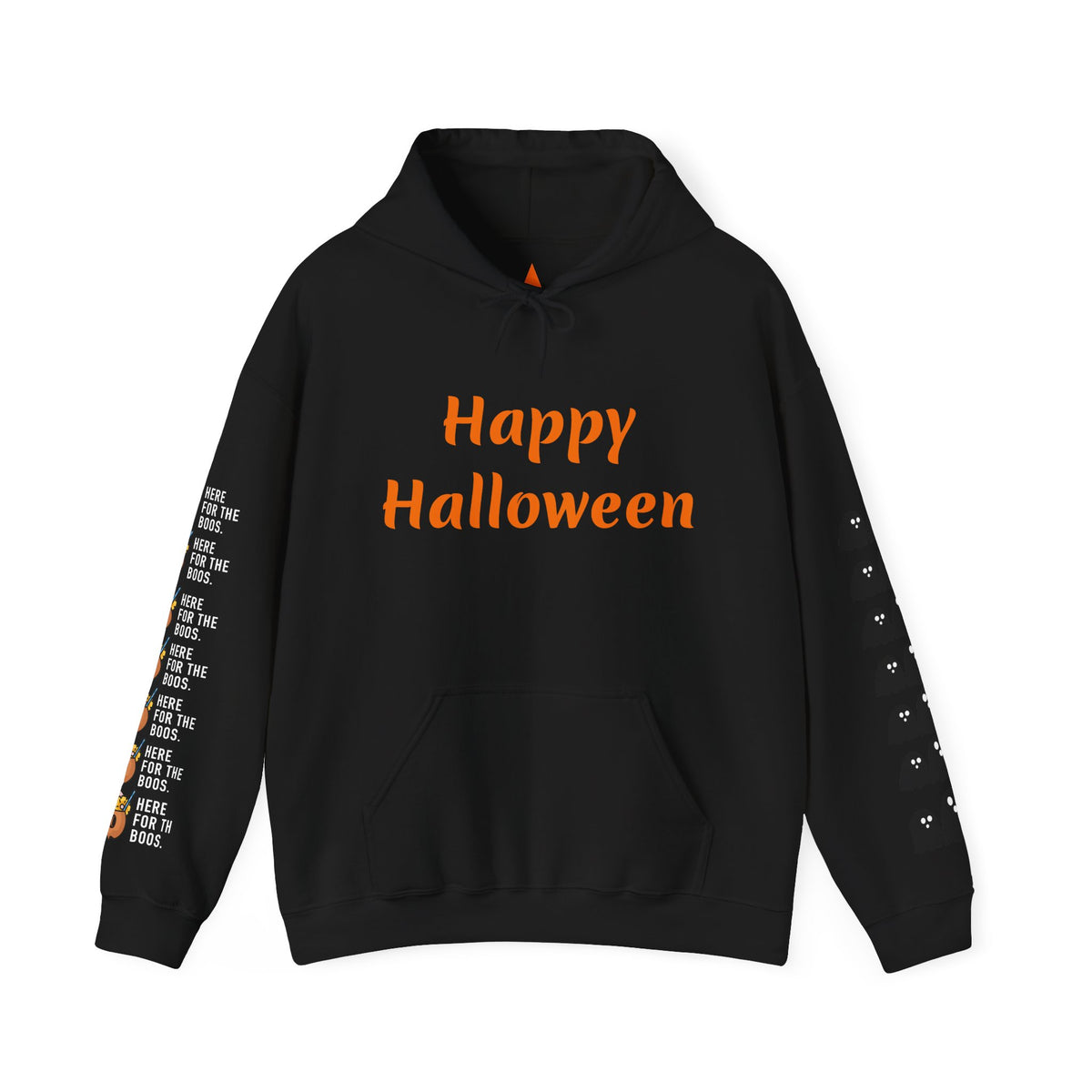 Halloween Hoodie — "Happy Halloween" & "Trick or Treat Give Me Something Good to Eat" Pumpkin & Ghost Sleeve Sweatshirt