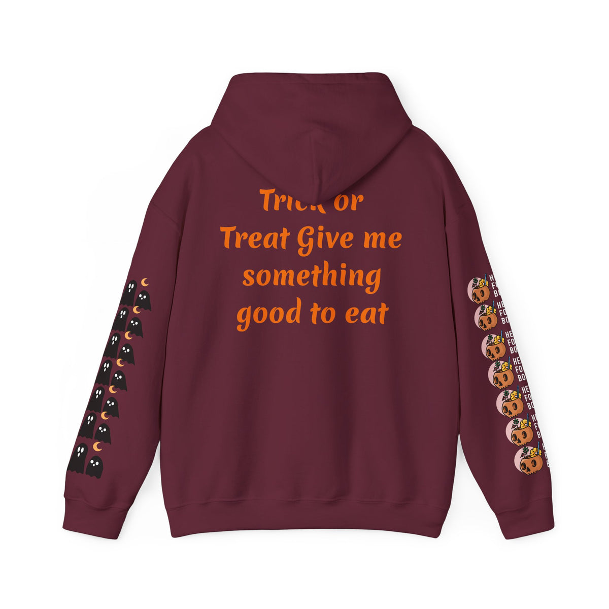 Halloween Hoodie — "Happy Halloween" & "Trick or Treat Give Me Something Good to Eat" Pumpkin & Ghost Sleeve Sweatshirt