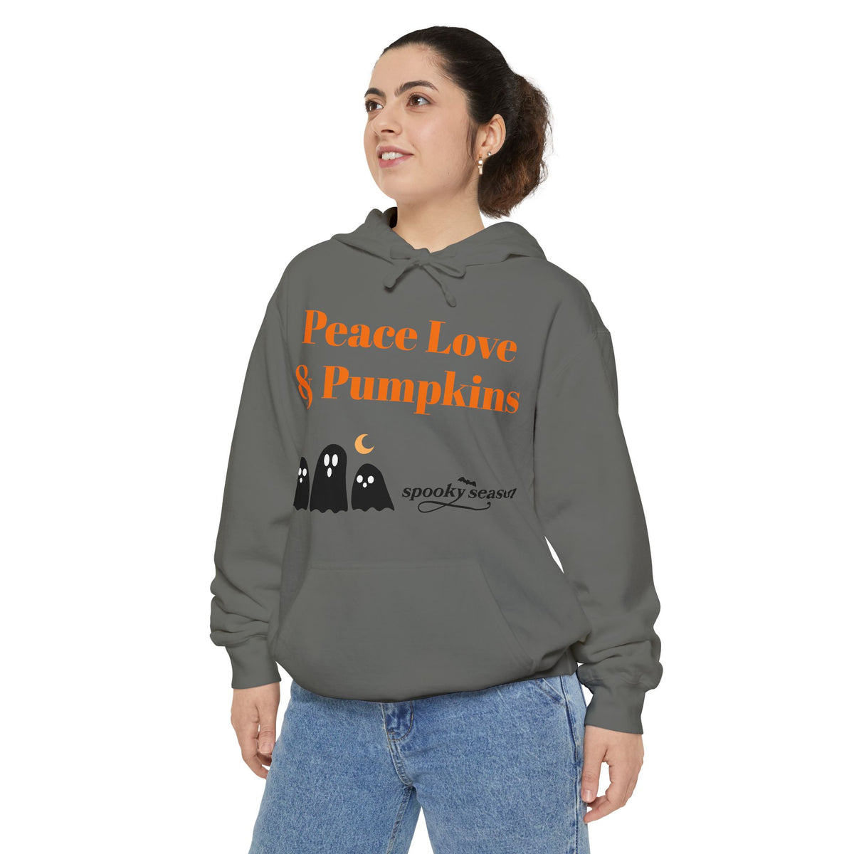 Halloween Hoodie — "Peace Love & Pumpkins" Ghosts Spooky Season Pullover