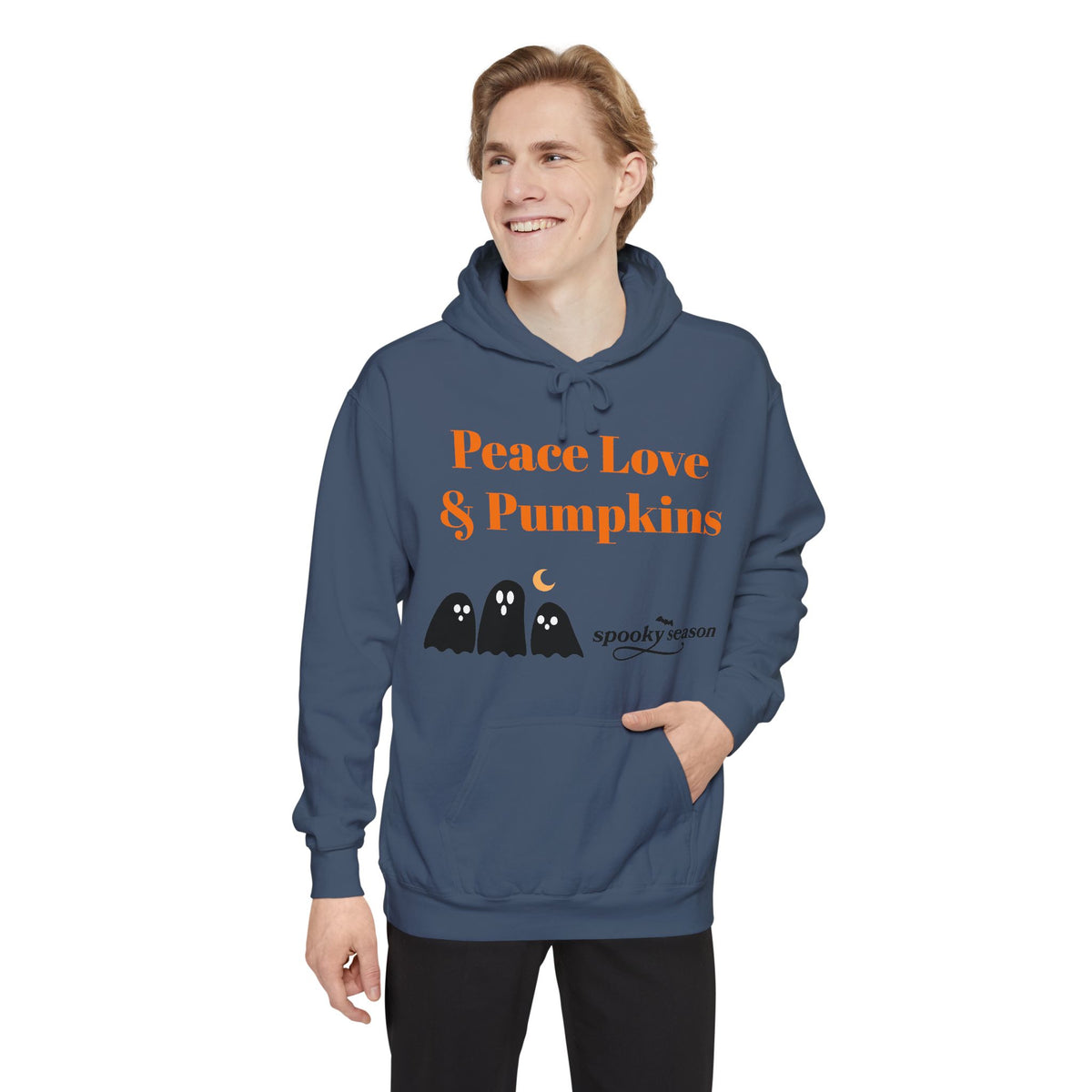 Halloween Hoodie — "Peace Love & Pumpkins" Ghosts Spooky Season Pullover