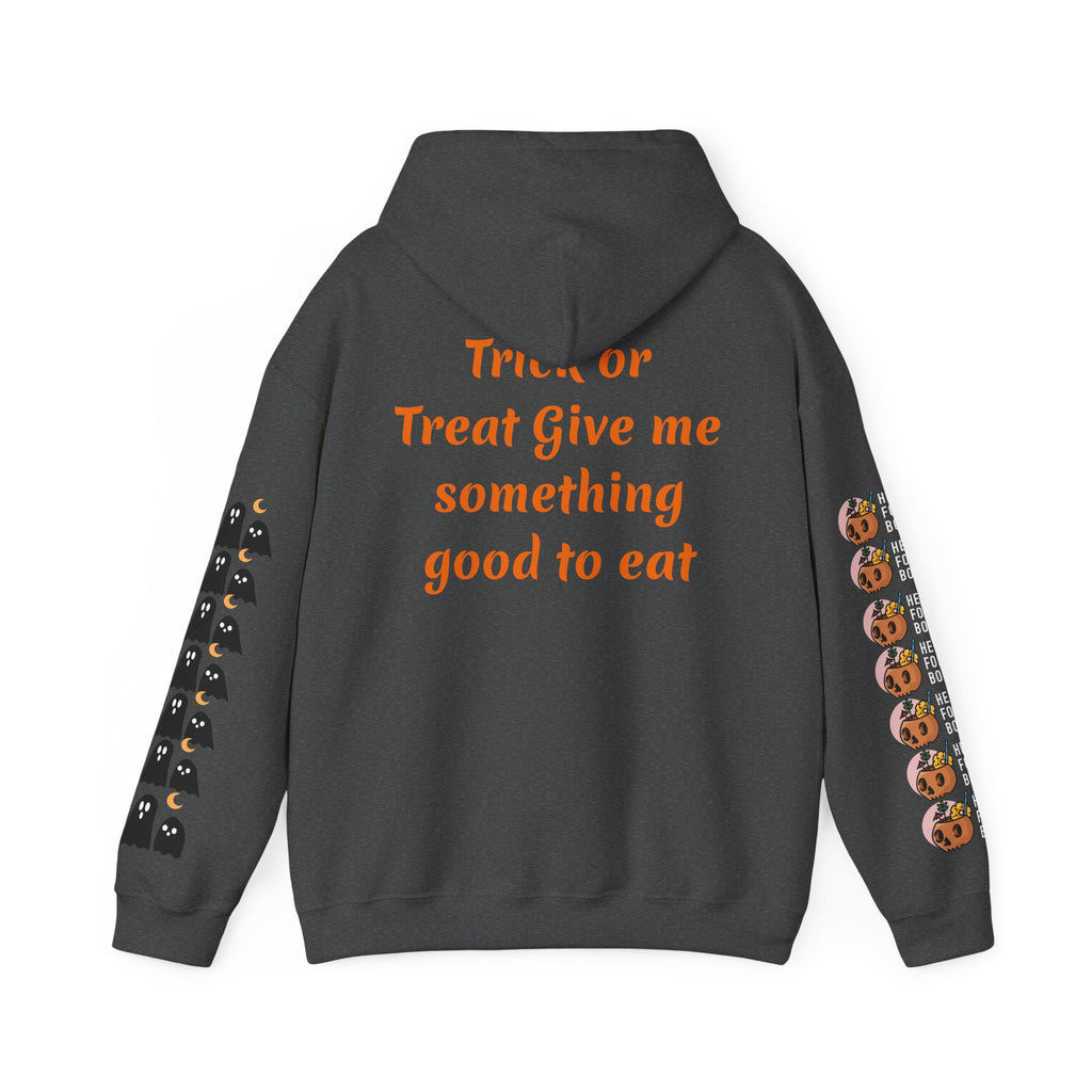 Halloween Hoodie — "Happy Halloween" & "Trick or Treat Give Me Something Good to Eat" Pumpkin & Ghost Sleeve Sweatshirt