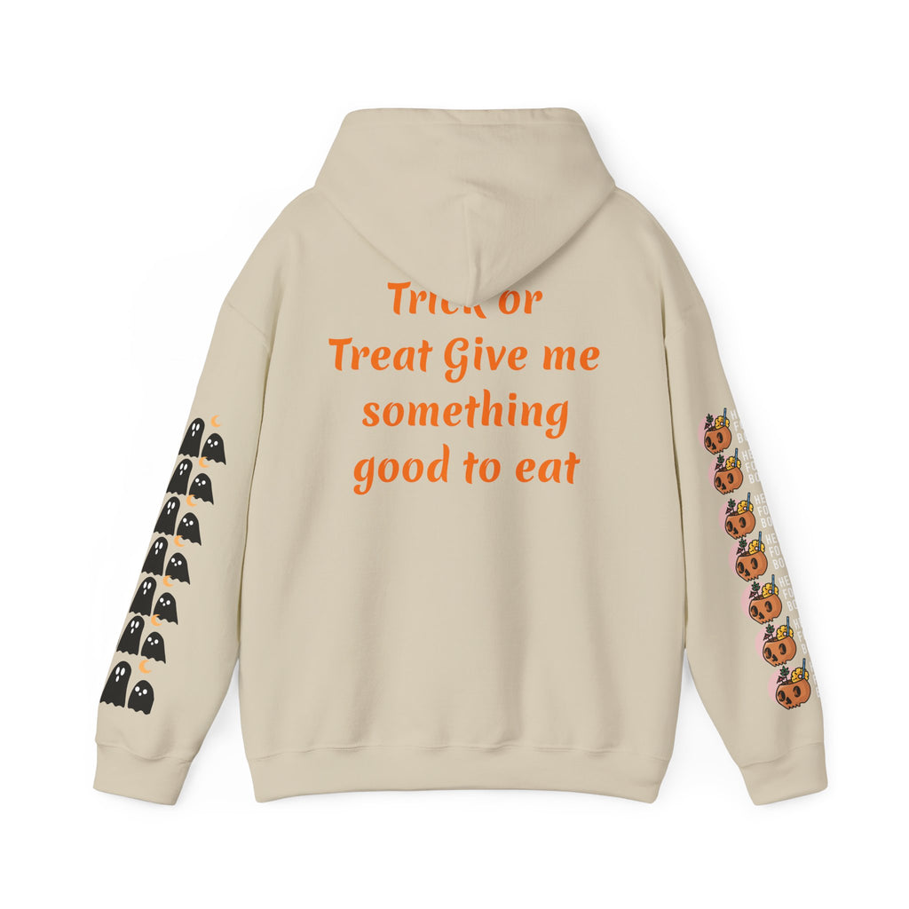 Halloween Hoodie — "Happy Halloween" & "Trick or Treat Give Me Something Good to Eat" Pumpkin & Ghost Sleeve Sweatshirt