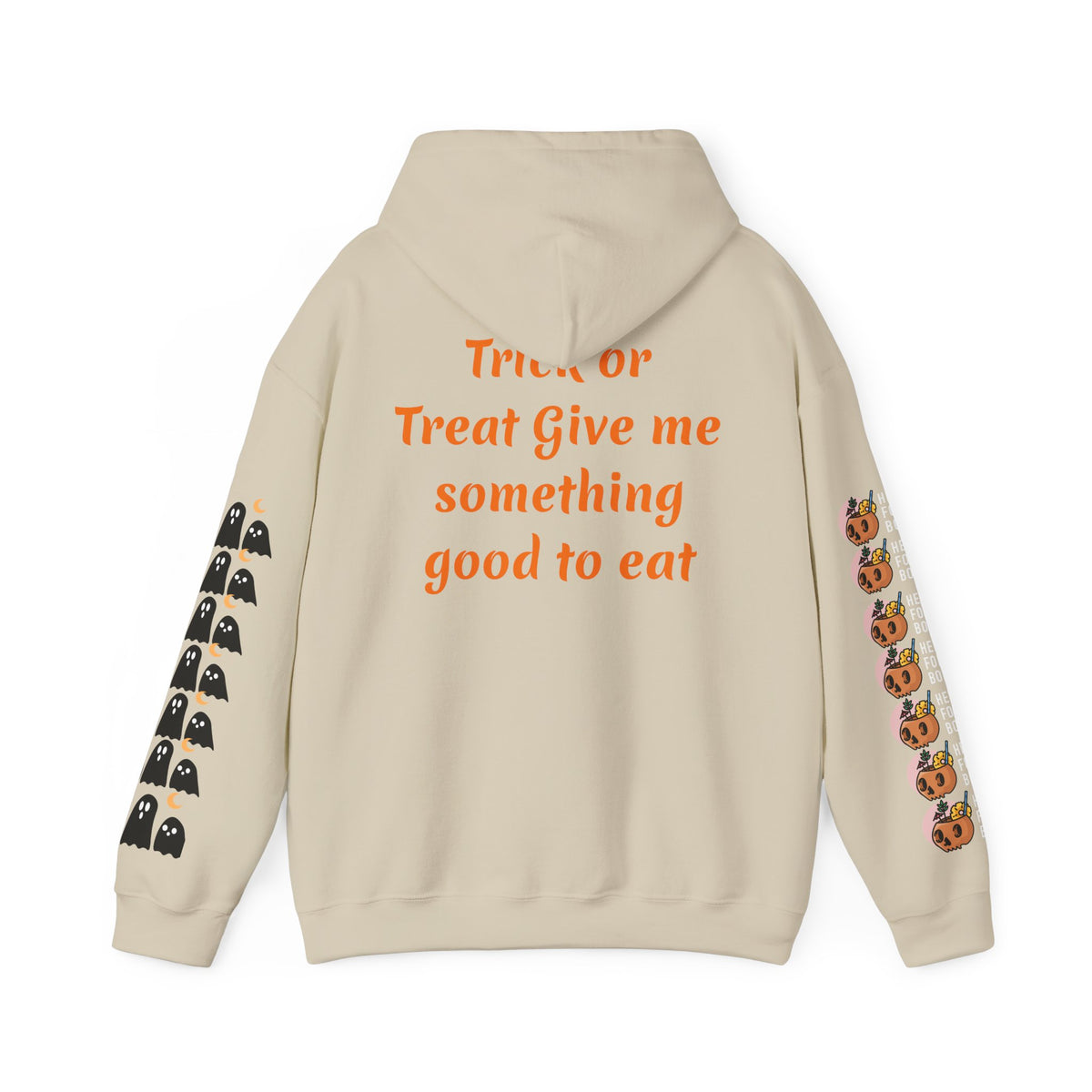 Halloween Hoodie — "Happy Halloween" & "Trick or Treat Give Me Something Good to Eat" Pumpkin & Ghost Sleeve Sweatshirt