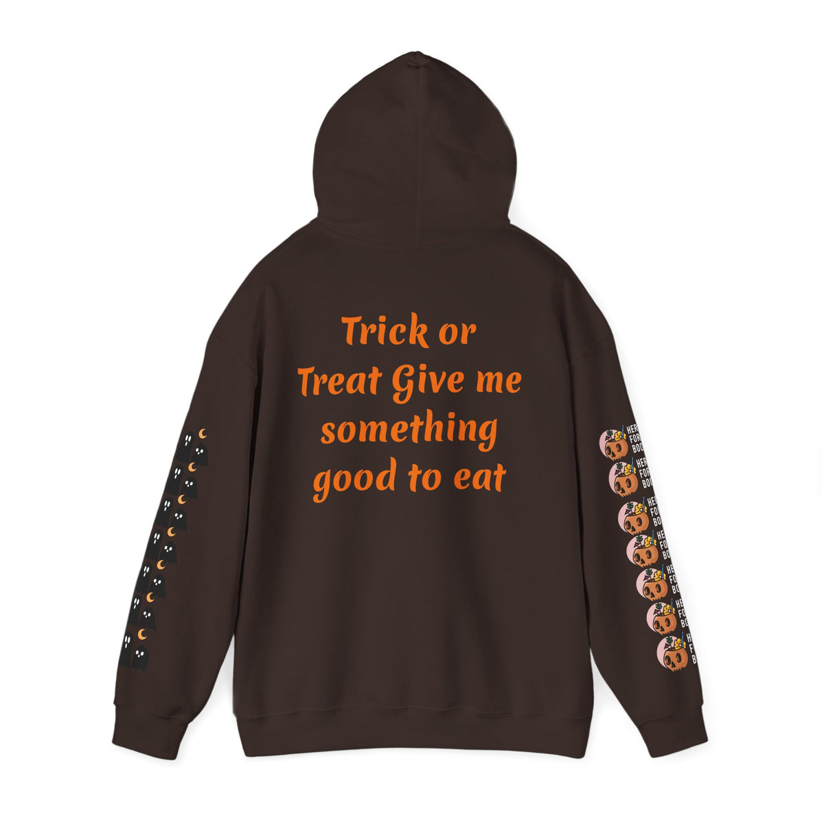 Halloween Hoodie — "Happy Halloween" & "Trick or Treat Give Me Something Good to Eat" Pumpkin & Ghost Sleeve Sweatshirt