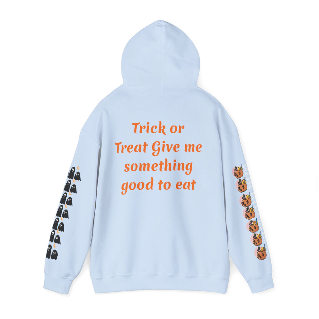 Halloween Hoodie — "Happy Halloween" & "Trick or Treat Give Me Something Good to Eat" Pumpkin & Ghost Sleeve Sweatshirt
