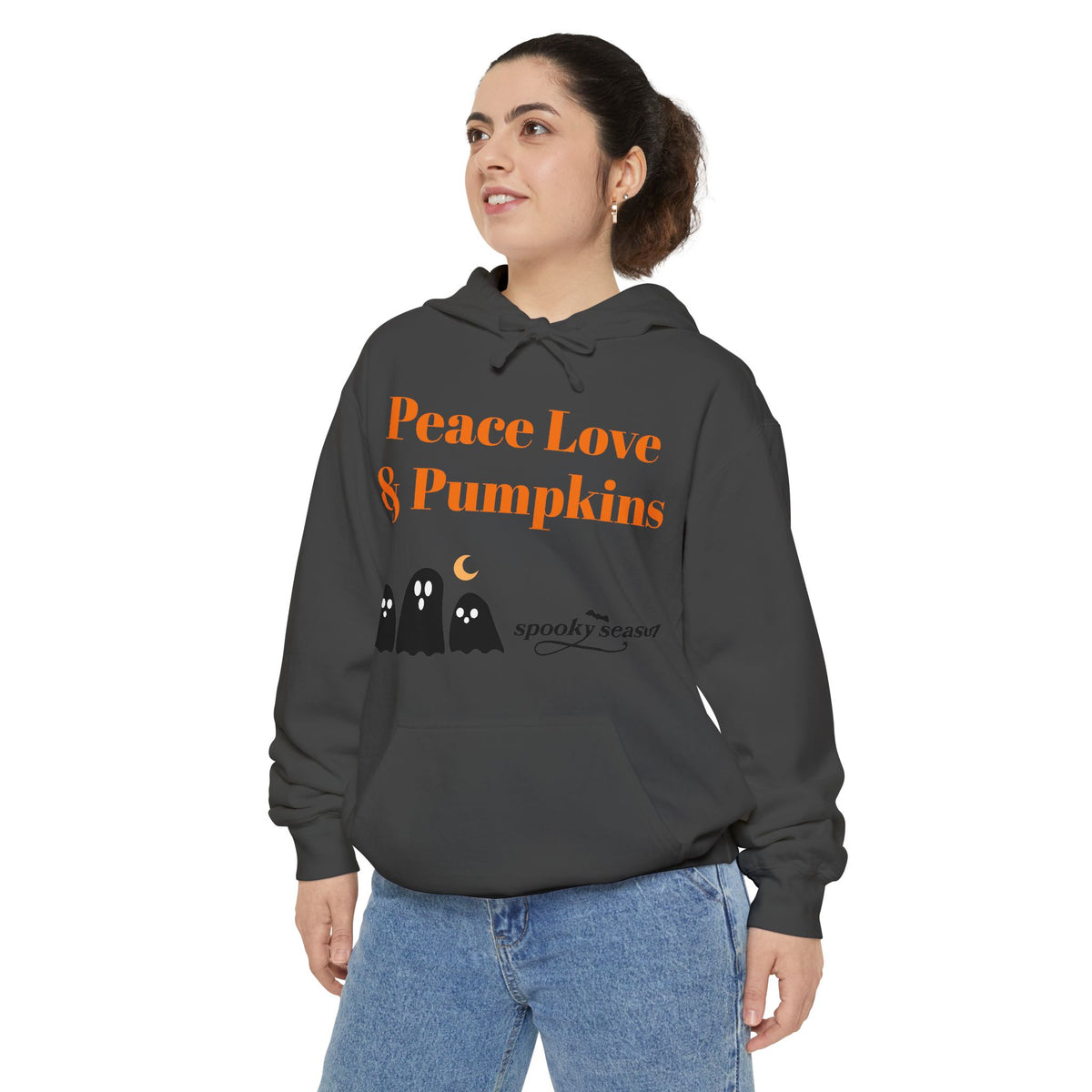 Halloween Hoodie — "Peace Love & Pumpkins" Ghosts Spooky Season Pullover