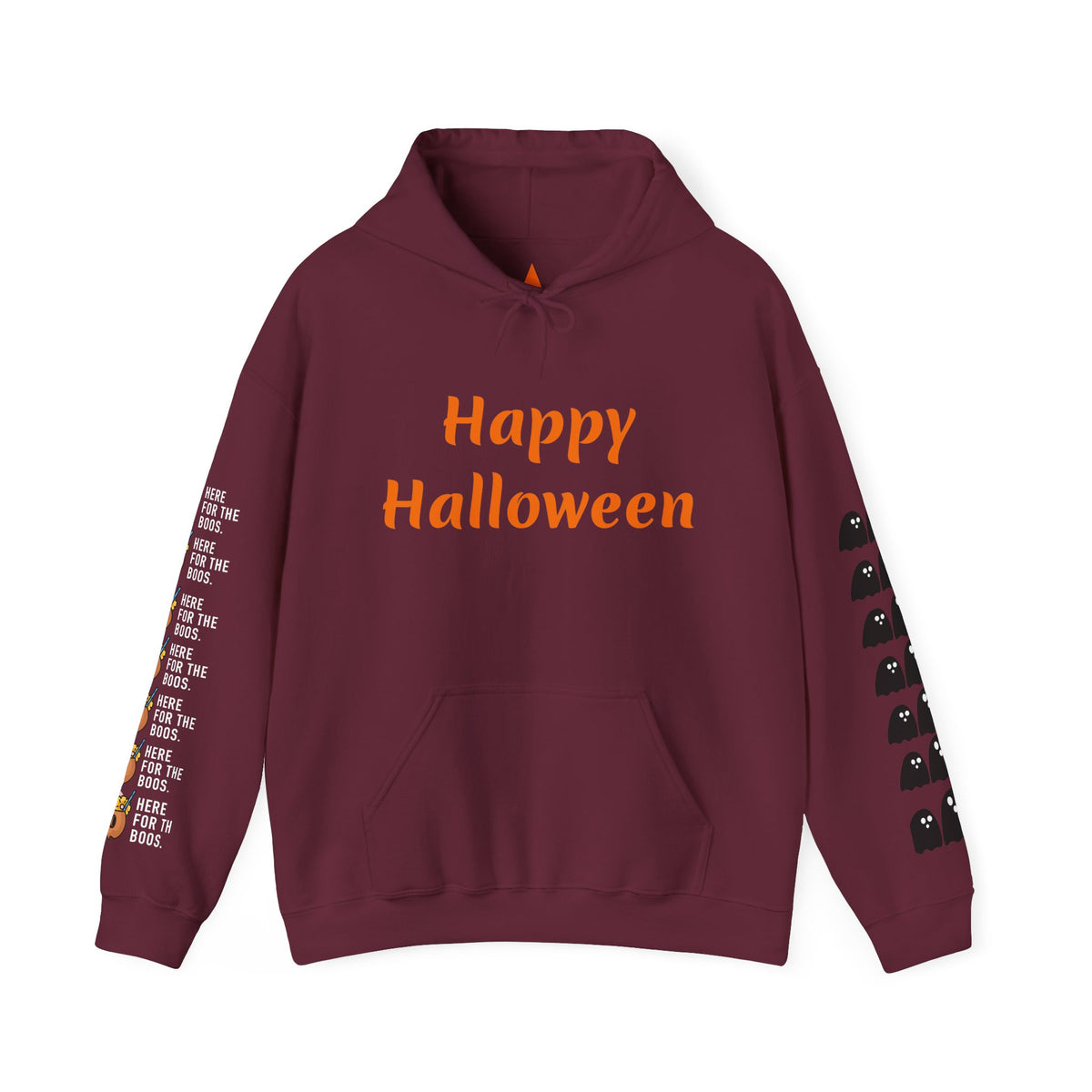Halloween Hoodie — "Happy Halloween" & "Trick or Treat Give Me Something Good to Eat" Pumpkin & Ghost Sleeve Sweatshirt