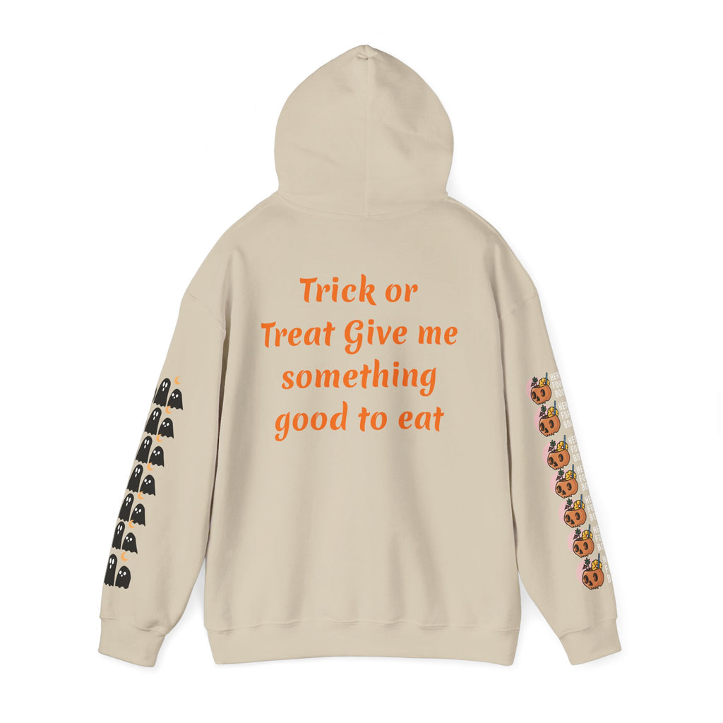 Halloween Hoodie — "Happy Halloween" & "Trick or Treat Give Me Something Good to Eat" Pumpkin & Ghost Sleeve Sweatshirt