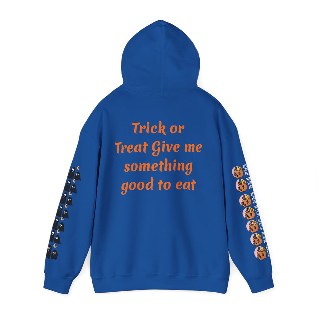 Halloween Hoodie — "Happy Halloween" & "Trick or Treat Give Me Something Good to Eat" Pumpkin & Ghost Sleeve Sweatshirt