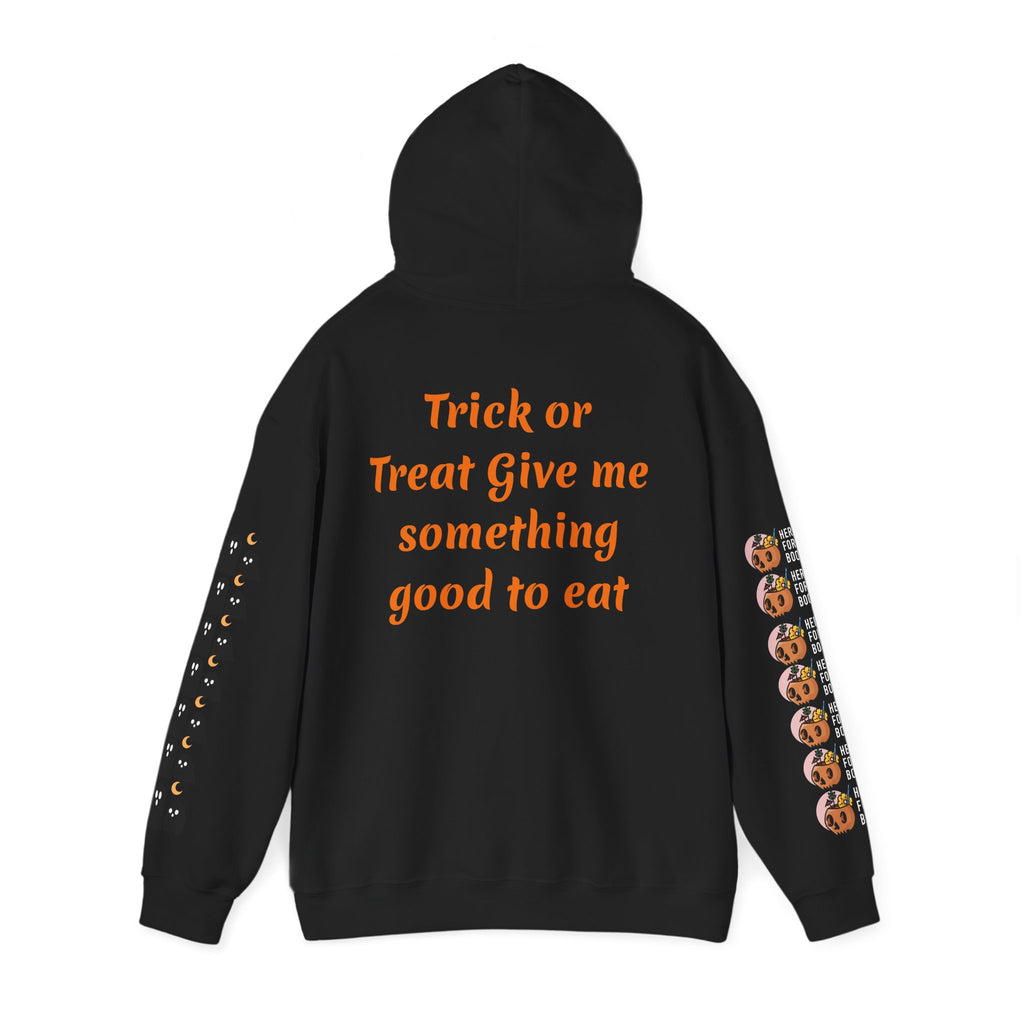 Halloween Hoodie — "Happy Halloween" & "Trick or Treat Give Me Something Good to Eat" Pumpkin & Ghost Sleeve Sweatshirt