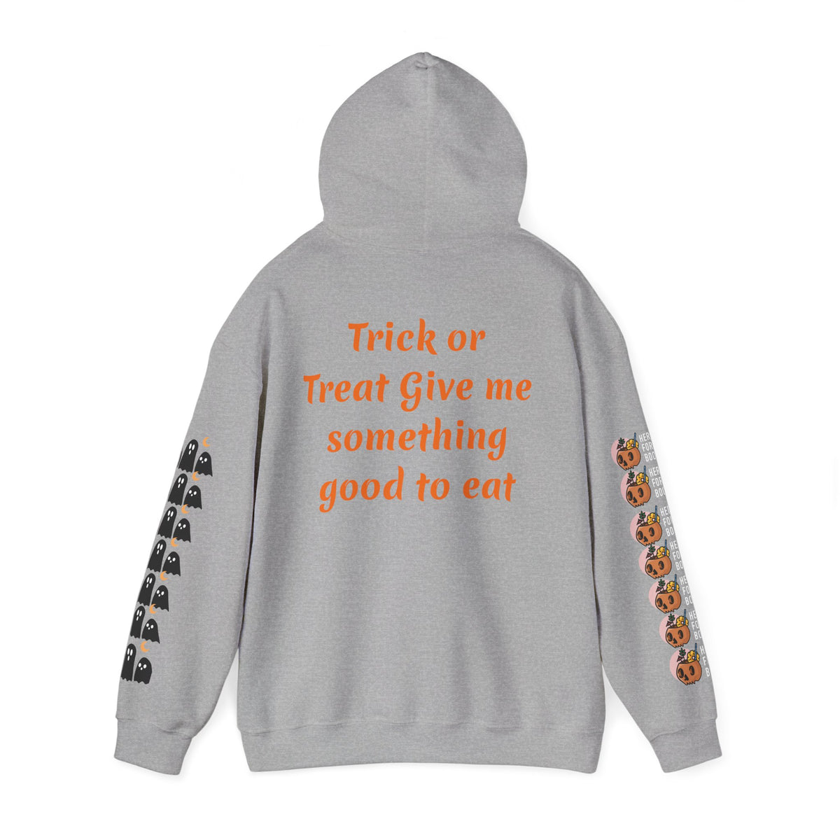 Halloween Hoodie — "Happy Halloween" & "Trick or Treat Give Me Something Good to Eat" Pumpkin & Ghost Sleeve Sweatshirt