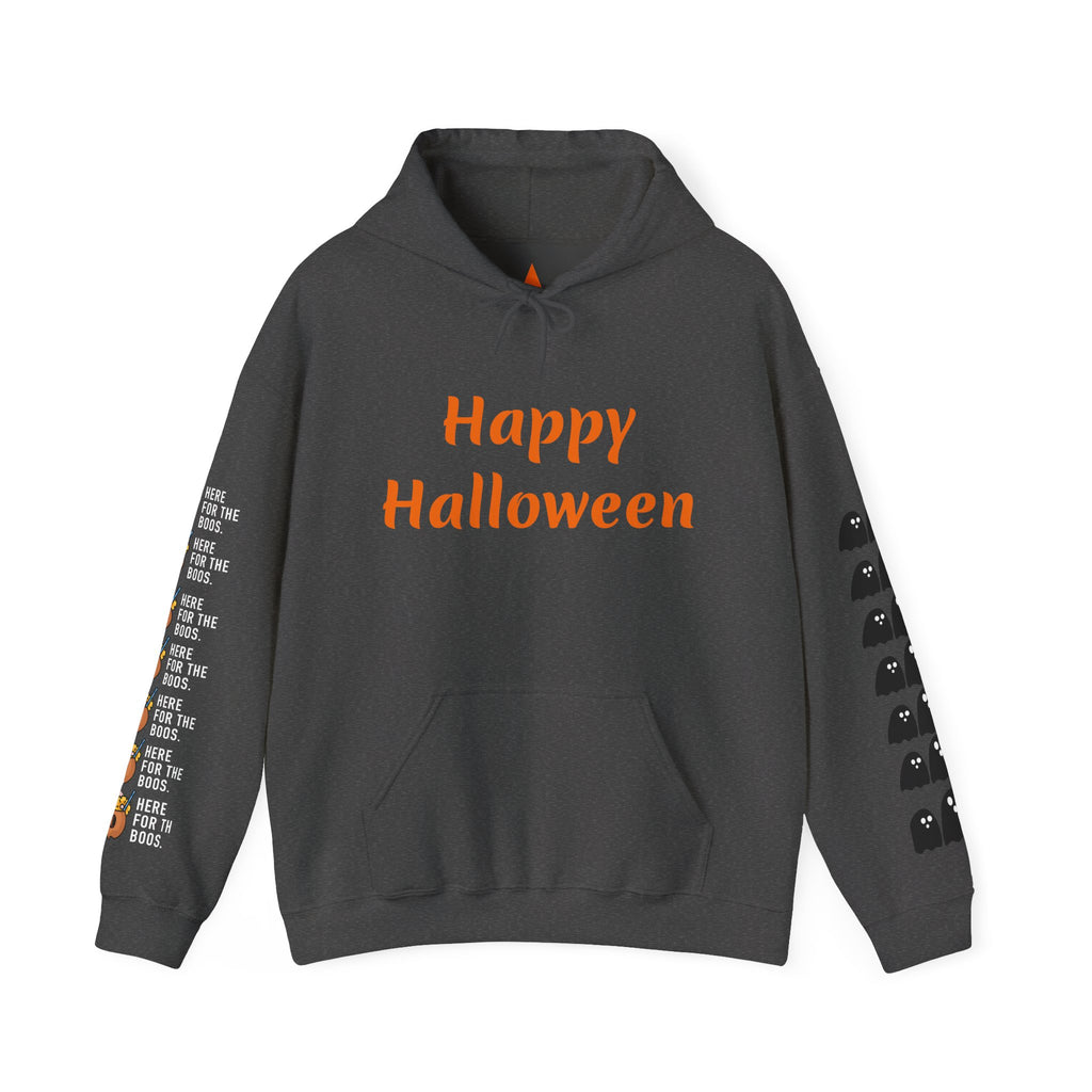 Halloween Hoodie — "Happy Halloween" & "Trick or Treat Give Me Something Good to Eat" Pumpkin & Ghost Sleeve Sweatshirt