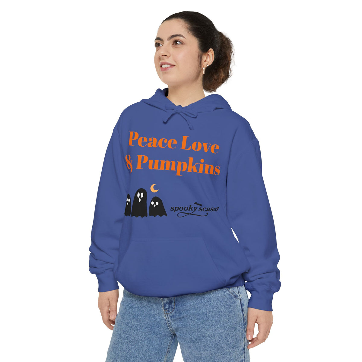 Halloween Hoodie — "Peace Love & Pumpkins" Ghosts Spooky Season Pullover